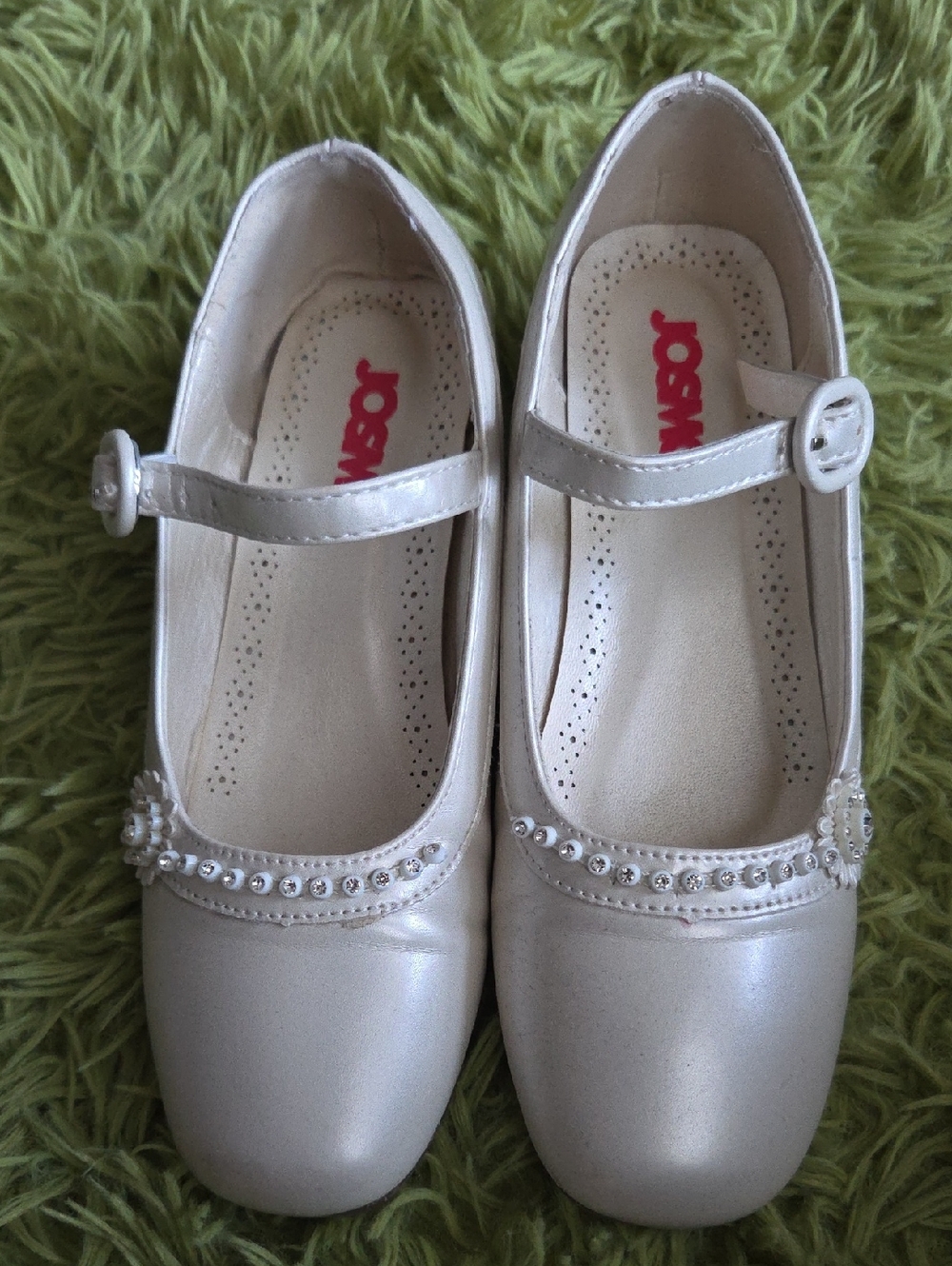 Josmo Pearlized Ivory Girls Mary Jane Shoes with Rhinestone Strap